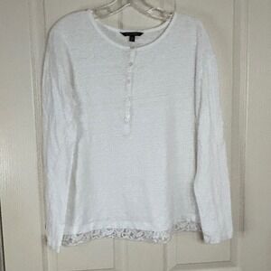 Banana Republic White Linen Blend‎ Long Sleeve Henley Lace Trim Top